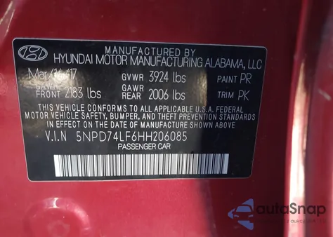 2017 Hyundai Elantra Se from USA, damaged, VIN 5NPD74LF6HH206085